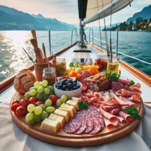 charcuterie board on a sailing boat on Lake Constance on Lake Constance